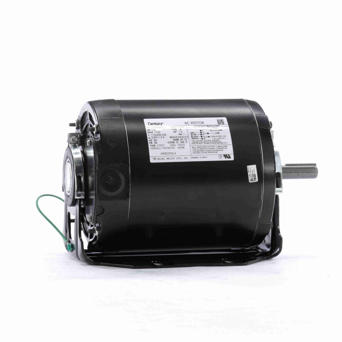 Century Fan and Blower Motor, 1/2 HP, 1 Ph, 60 Hz, 115/208-230 V, 1800 RPM, 56 Frame, TEAO - ARB2054L4