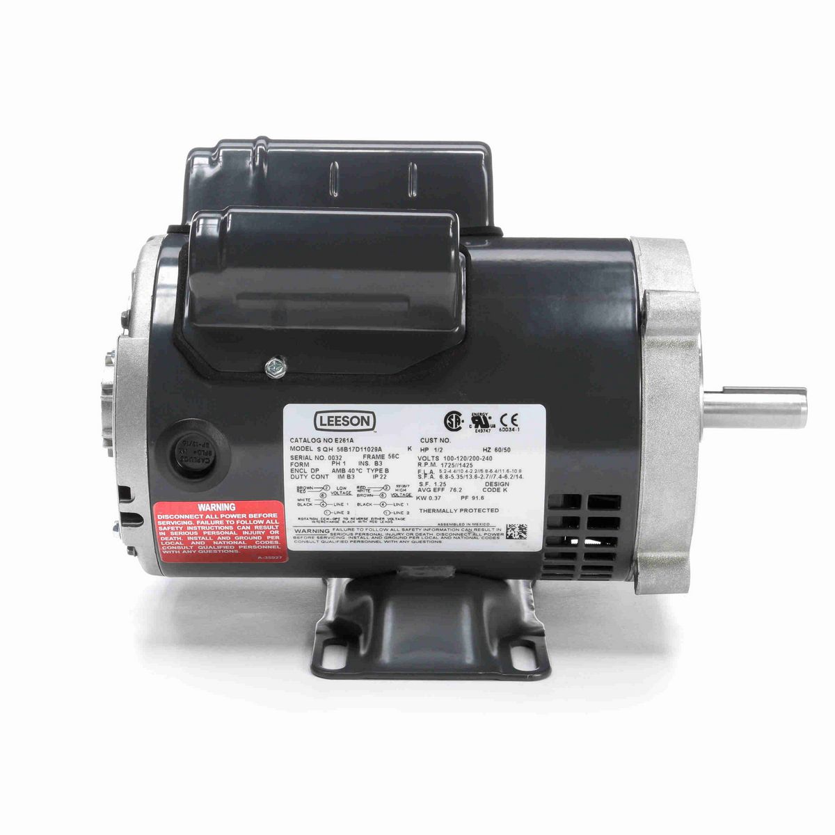 LEESON General Purpose Motor, 0.50 & 0.50 HP, 1 Ph, 60 & 50 Hz, 120/240 & 100-120/200-240 V, 1800 & 1500 RPM, 56C Frame, DP - E261A