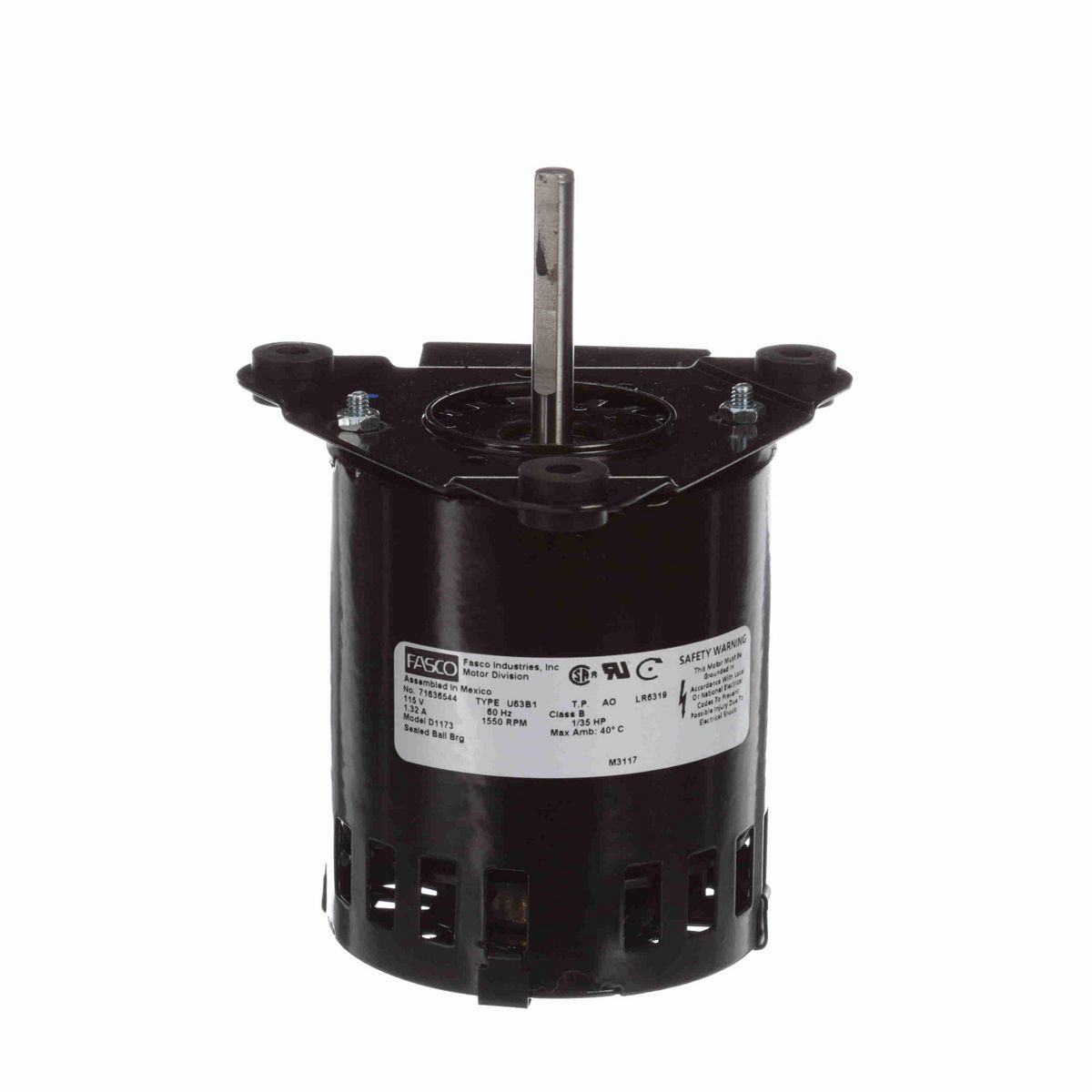 FASCO OEM Replacement Motor, 1/35 HP, 1 Ph, 60 Hz, 115 V, 1550 RPM, 1 Speed, 3.3" Diameter, OAO - D1173