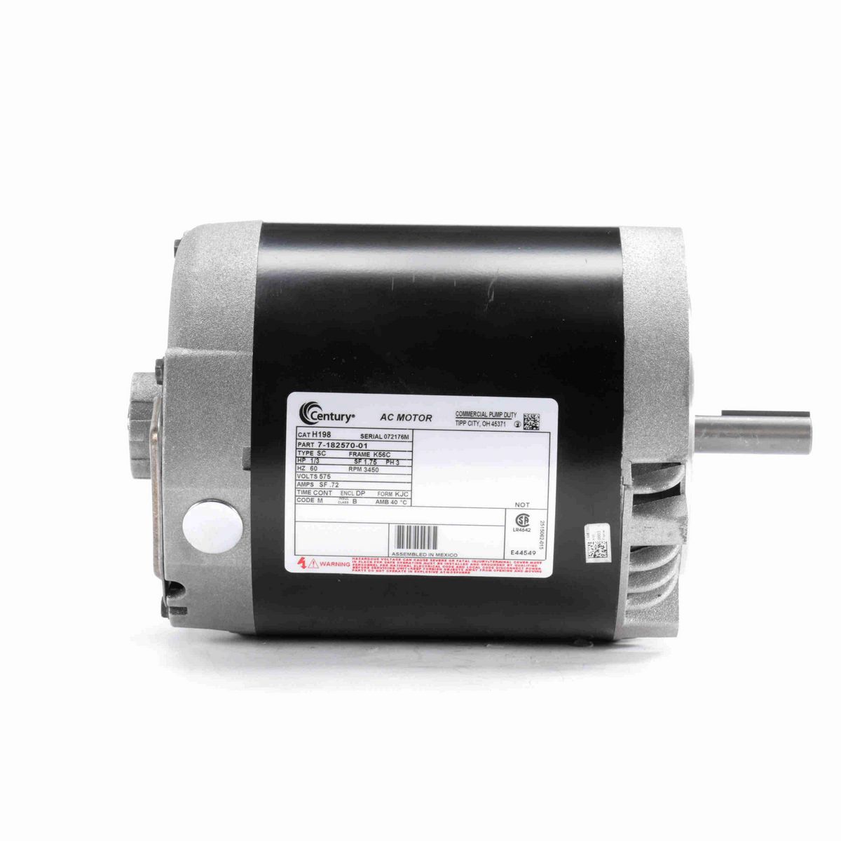 Century General Purpose Pump Motor, 1/3 HP, 3 Ph, 60 Hz, 575 V, 3600 RPM, K56C Frame, DP - H198