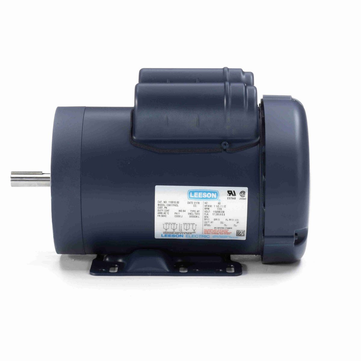 LEESON General Purpose Motor, 1.50 HP, 1 Ph, 60 Hz, 115/230 V, 1800 RPM, 56HC Frame, TEFC - 110910.00