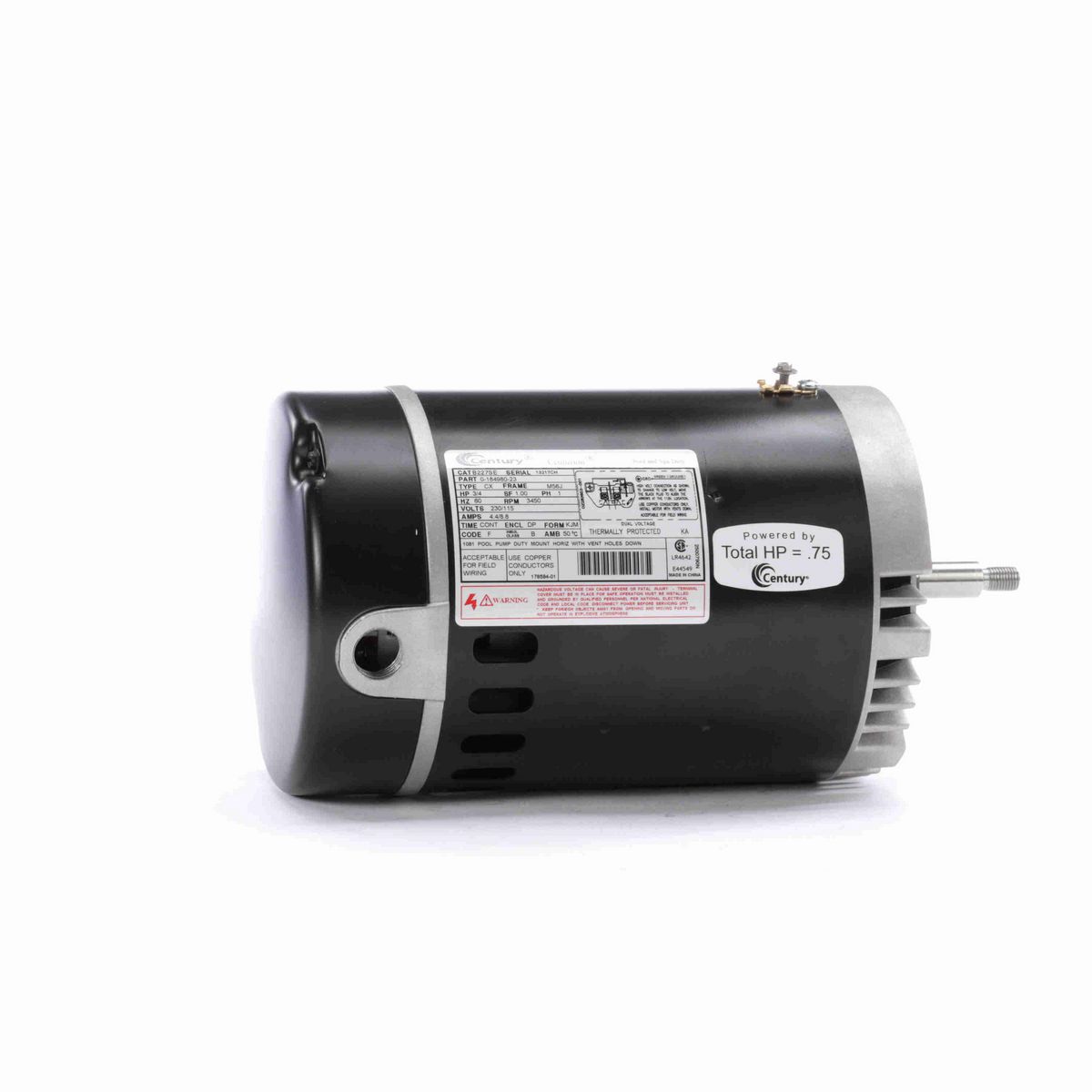 Century Pool Pump Motor, 3/4 HP, 1 Ph, 60 Hz, 230/115 V, 3600 RPM, M56J Frame, DP - B227SE
