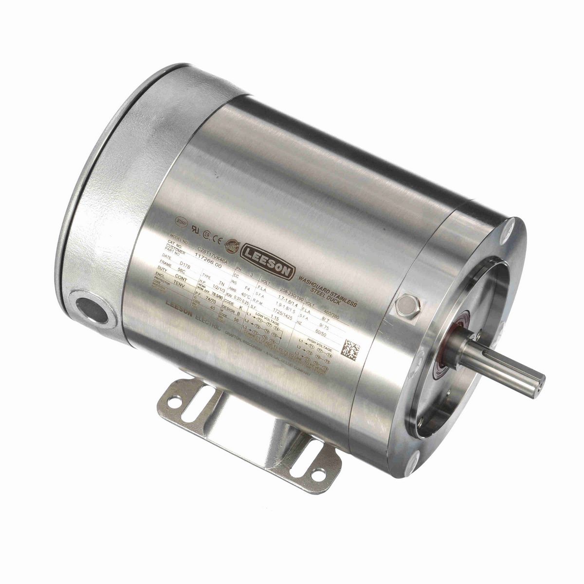 LEESON Premium Duck™ General Purpose Motor, 0.50 & 0.33 HP, 3 Ph, 60 & 50 Hz, 230/460 & 190/380 V, 1800 & 1500 RPM, 56C Frame, TENV - 117266.00