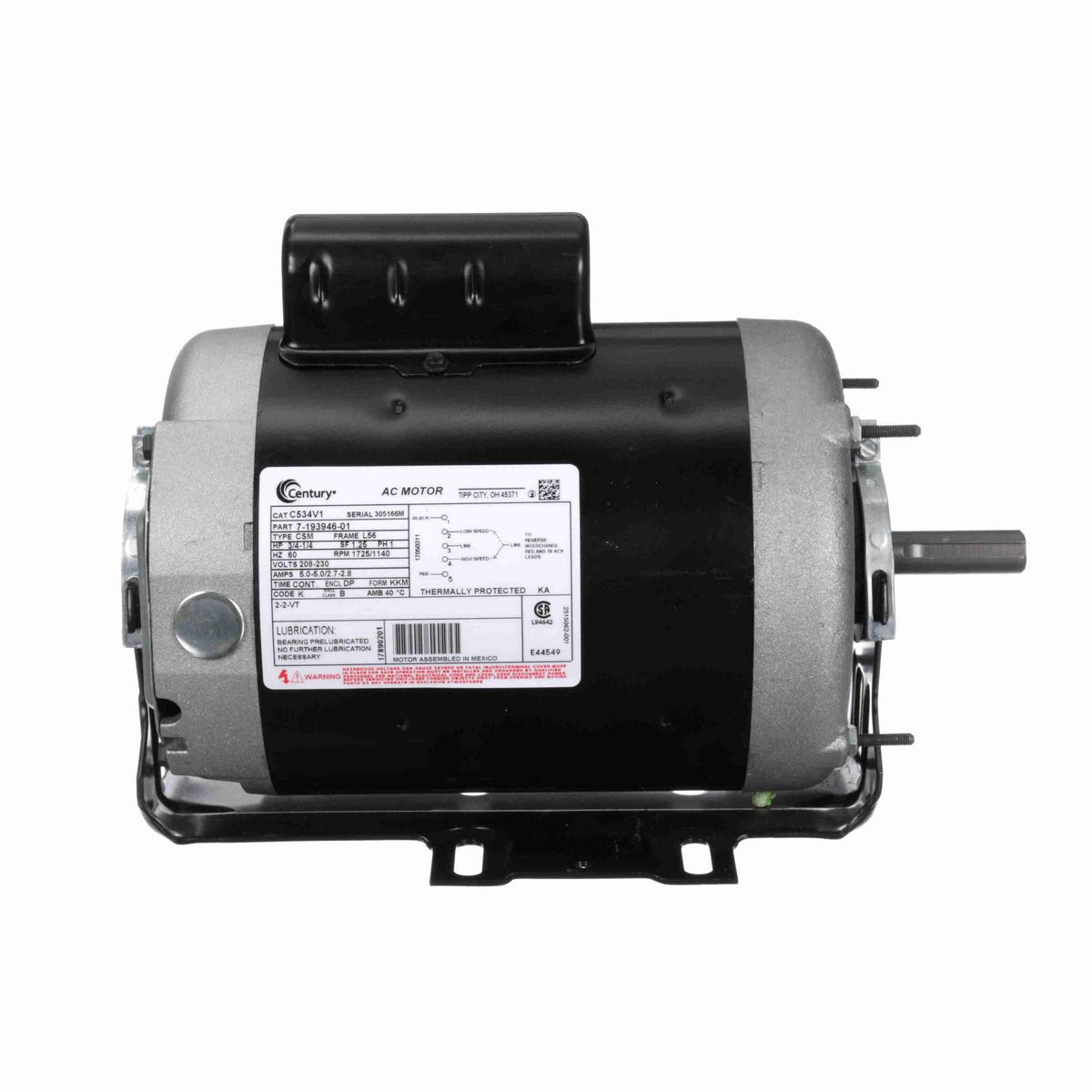 Century Fan and Blower Motor, 3/4-1/4 HP, 1 Ph, 60 Hz, 208-230 V, 1800 RPM, L56 Frame, DP - C534V1