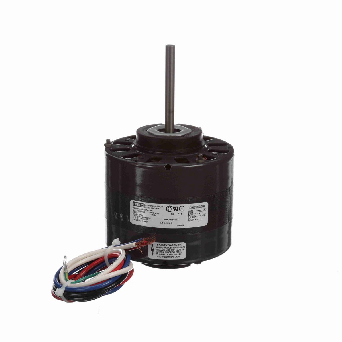 FASCO Fan and Blower Motor, 1/10 - 1/12 - 1/15 HP, 1 Ph, 60 Hz, 115 V, 1050 RPM, 3 Speed, 42 Frame, OAO - D160