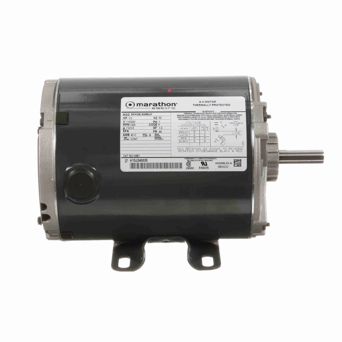 LEESON General Purpose Motor, 0.33 HP, 1 Ph, 50 Hz, 110/220 V, 1500 RPM, 48 Frame, DP - H691