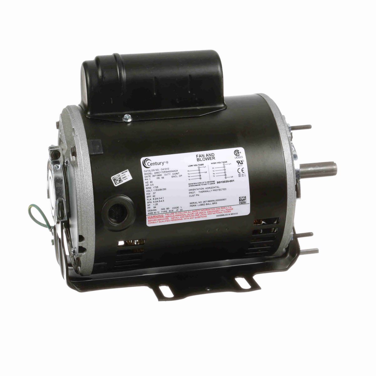 Century Fan and Blower Motor, 0.5 HP, 1 Ph, 60 Hz, 115/208-230 V, 1800 RPM, 56 Frame, DP - C412V2
