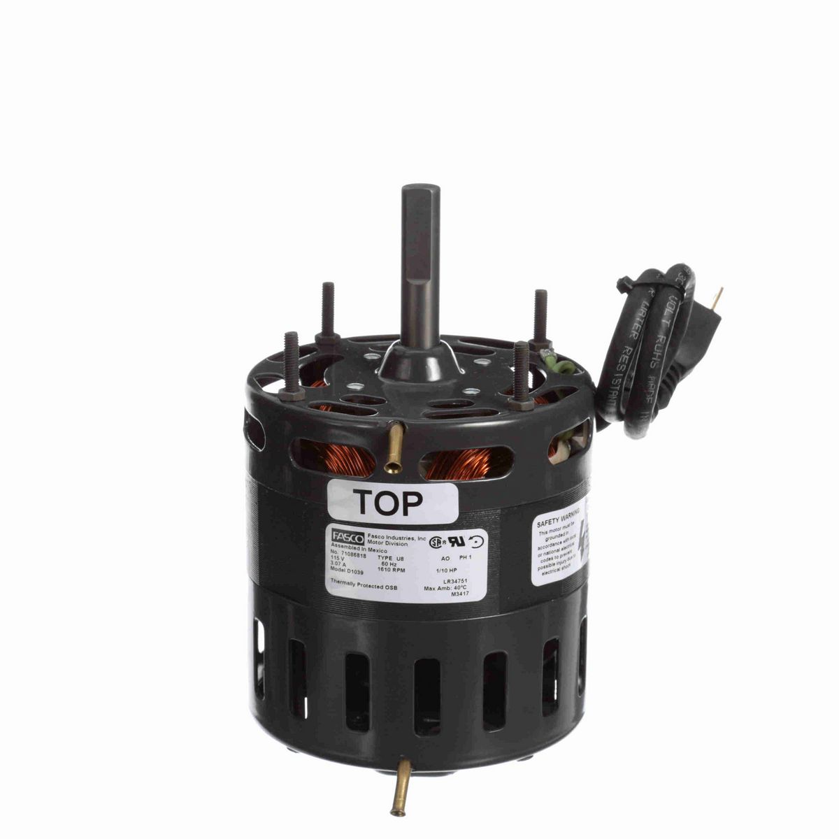FASCO OEM Replacement Motor, 1/10 HP, 1 Ph, 60 Hz, 115 V, 1610 RPM, 1 Speed, 4.4" Diameter, OAO - D1039