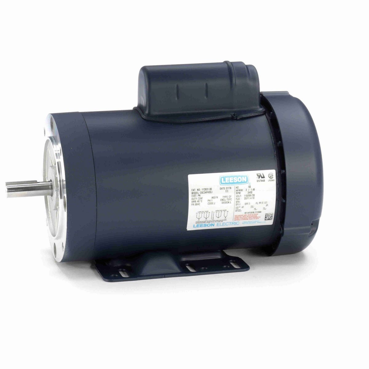 LEESON General Purpose Motor, 2 HP, 1 Ph, 60 Hz, 115/230 V, 3600 RPM, 56HC Frame, TEFC - 113931.00