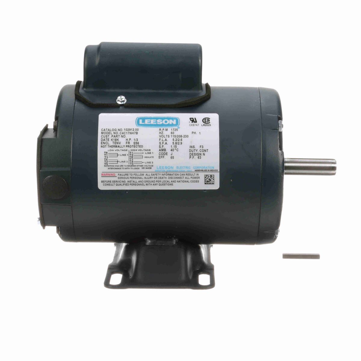 LEESON General Purpose Motor, 0.33 HP, 1 Ph, 60 Hz, 115/230 V, 1800 RPM, S56 Frame, TENV - 102912.00