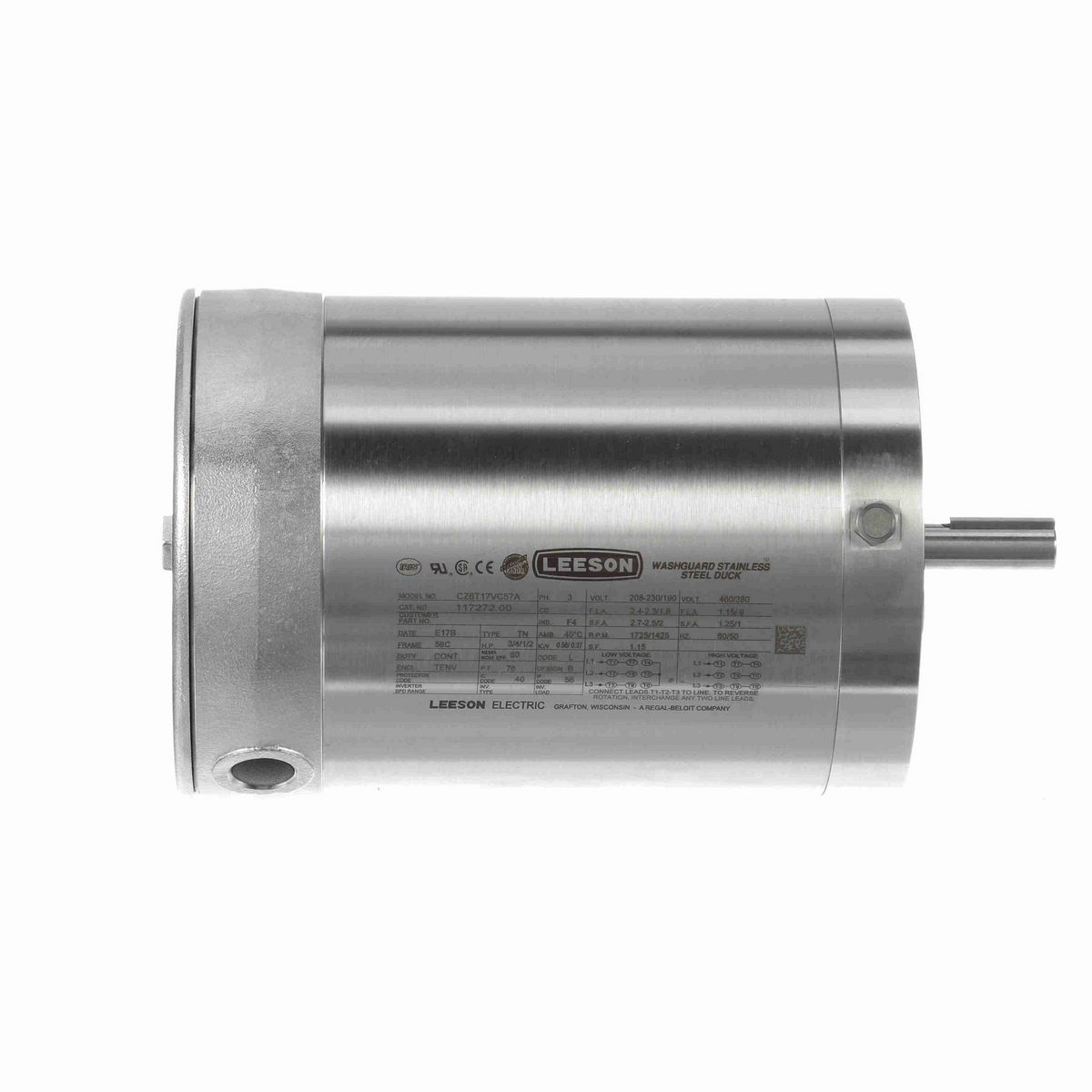 LEESON Premium Duck™ General Purpose Motor, 0.75 & 0.50 HP, 3 Ph, 60 & 50 Hz, 230/460 & 190/380 V, 1800 & 1500 RPM, 56C Frame, TENV - 117272.00