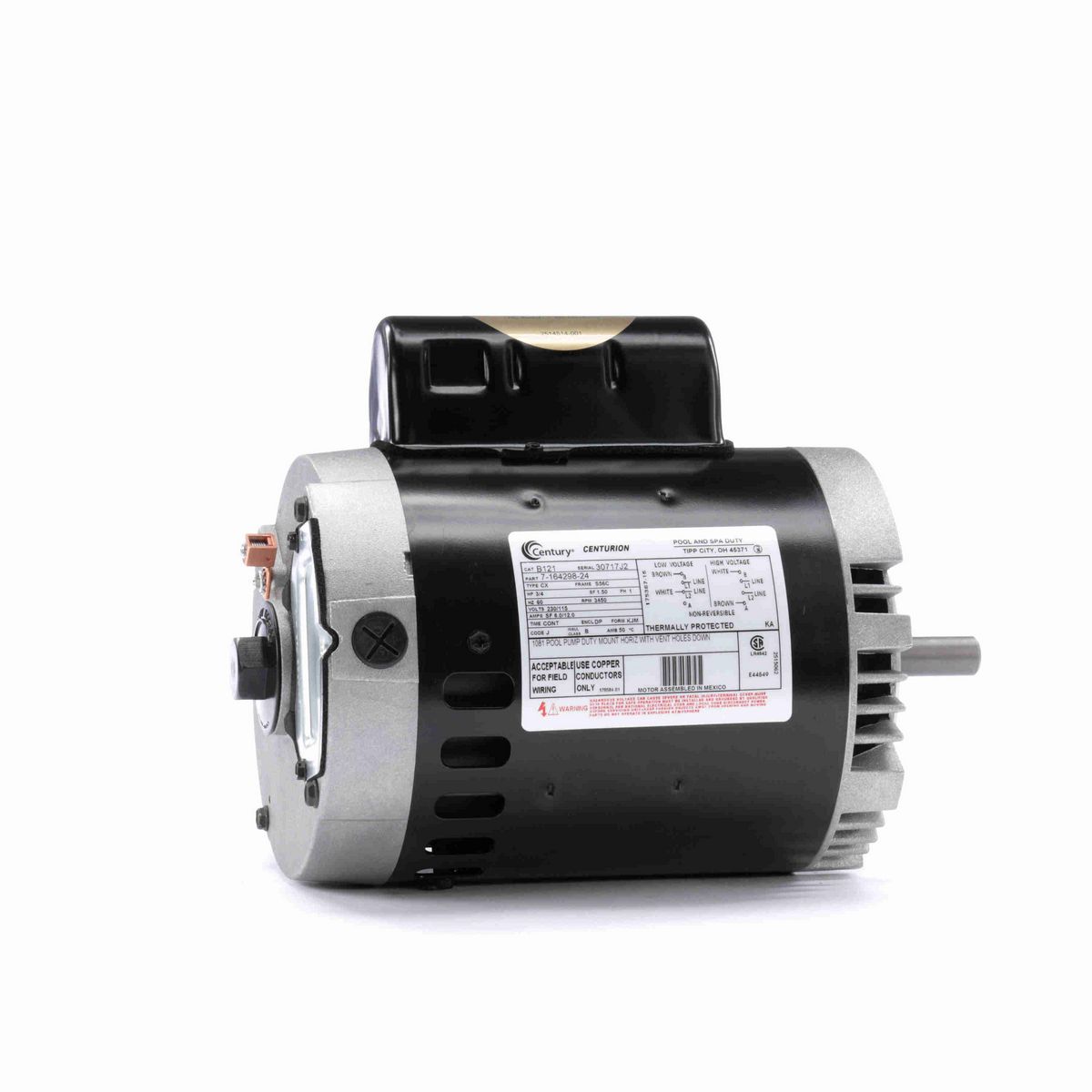 Century Pool Pump Motor, 3/4 HP, 1 Ph, 60 Hz, 230/115 V, 3600 RPM, S56C Frame, DP - B121