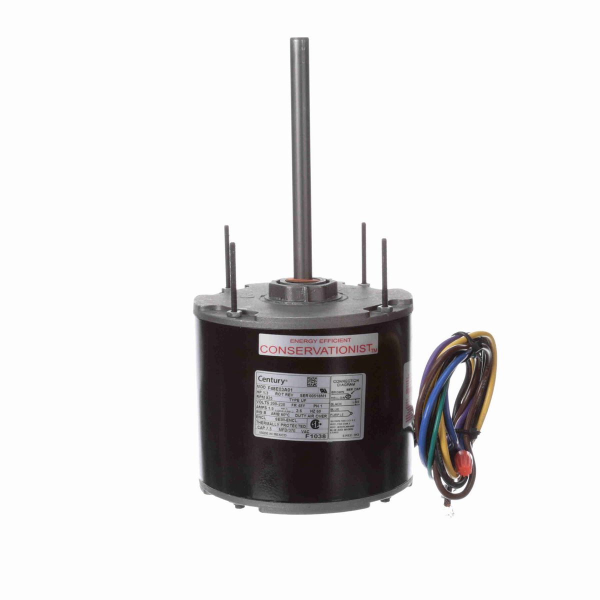 Century Condenser Fan Motor, 1/3 HP, 1 Ph, 60 Hz, 208-230 V, 825 RPM, 1 Speed, 48 Frame, SEMI ENCL - F1038