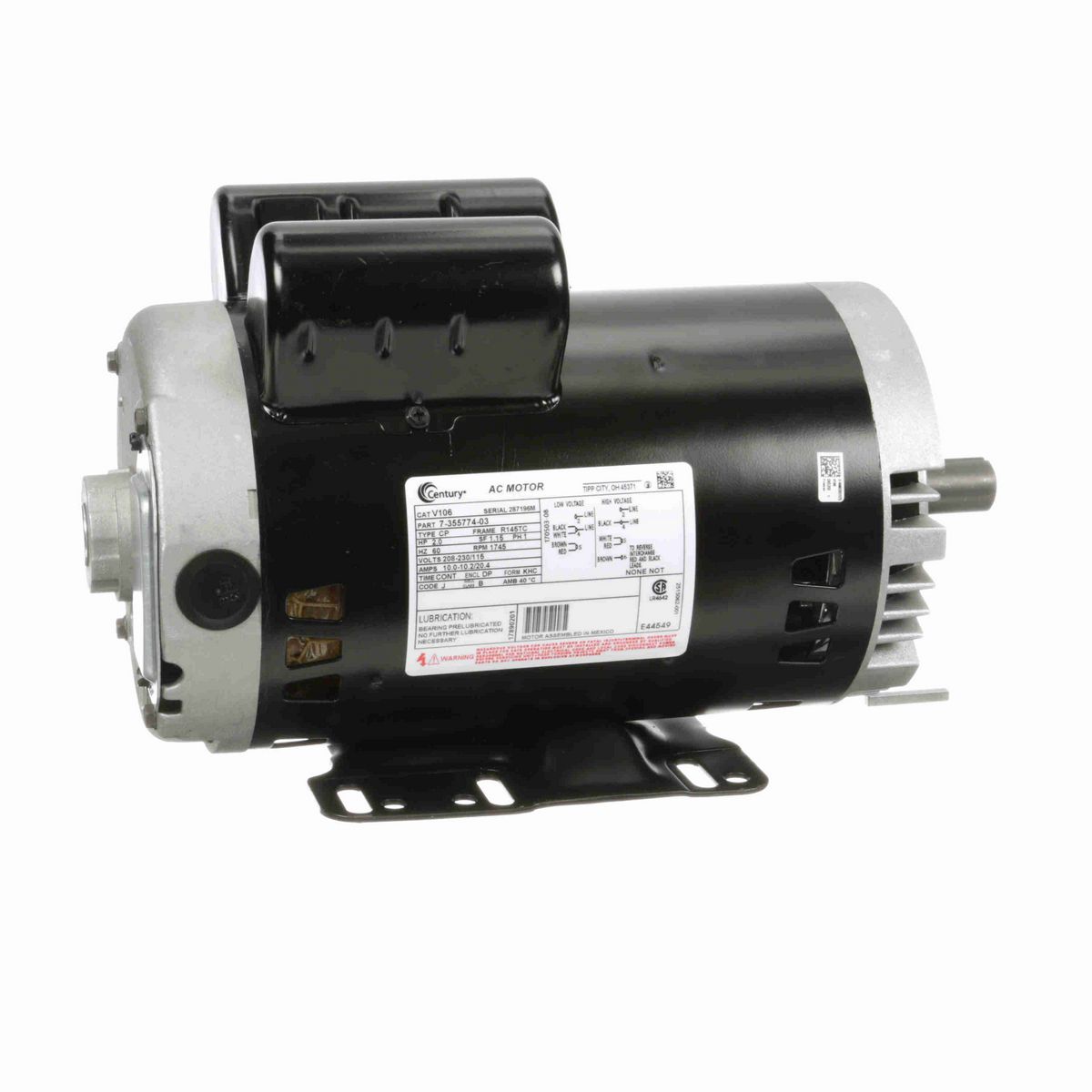 Century General Purpose Motor, 2.0 HP, 1 Ph, 60 Hz, 208-230/115 V, 1800 RPM, R145TC Frame, DP - V106