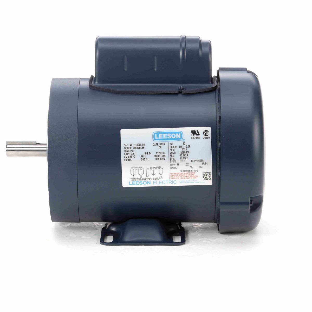 LEESON General Purpose Motor, 0.75 HP, 1 Ph, 60 Hz, 115/230 V, 1800 RPM, 56C Frame, TEFC - 110905.00