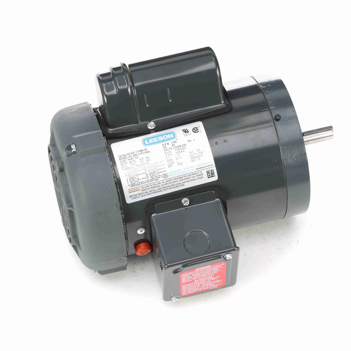 LEESON Agricultural Motor, 0.75 HP, 1 Ph, 60 Hz, 115/208-230 V, 1800 RPM, 56C Frame, TEFC - M009493.00