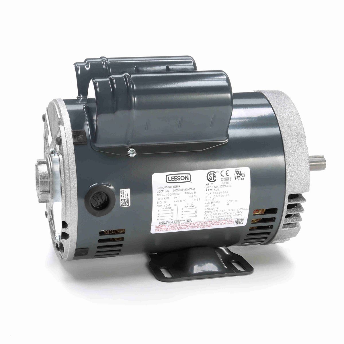 LEESON General Purpose Motor, 0.75 & 0.75 HP, 1 Ph, 60 & 50 Hz, 120/240 & 100-120/200-240 V, 1800 & 1500 RPM, 56C Frame, DP - E268A
