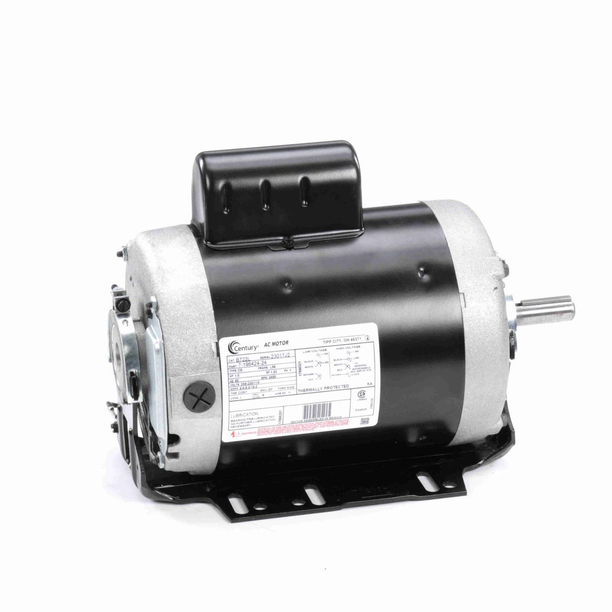 Century Fan and Blower Motor, 1.5 HP, 1 Ph, 60 Hz, 208-230/115 V, 3600 RPM, L56 Frame, DP - B722L