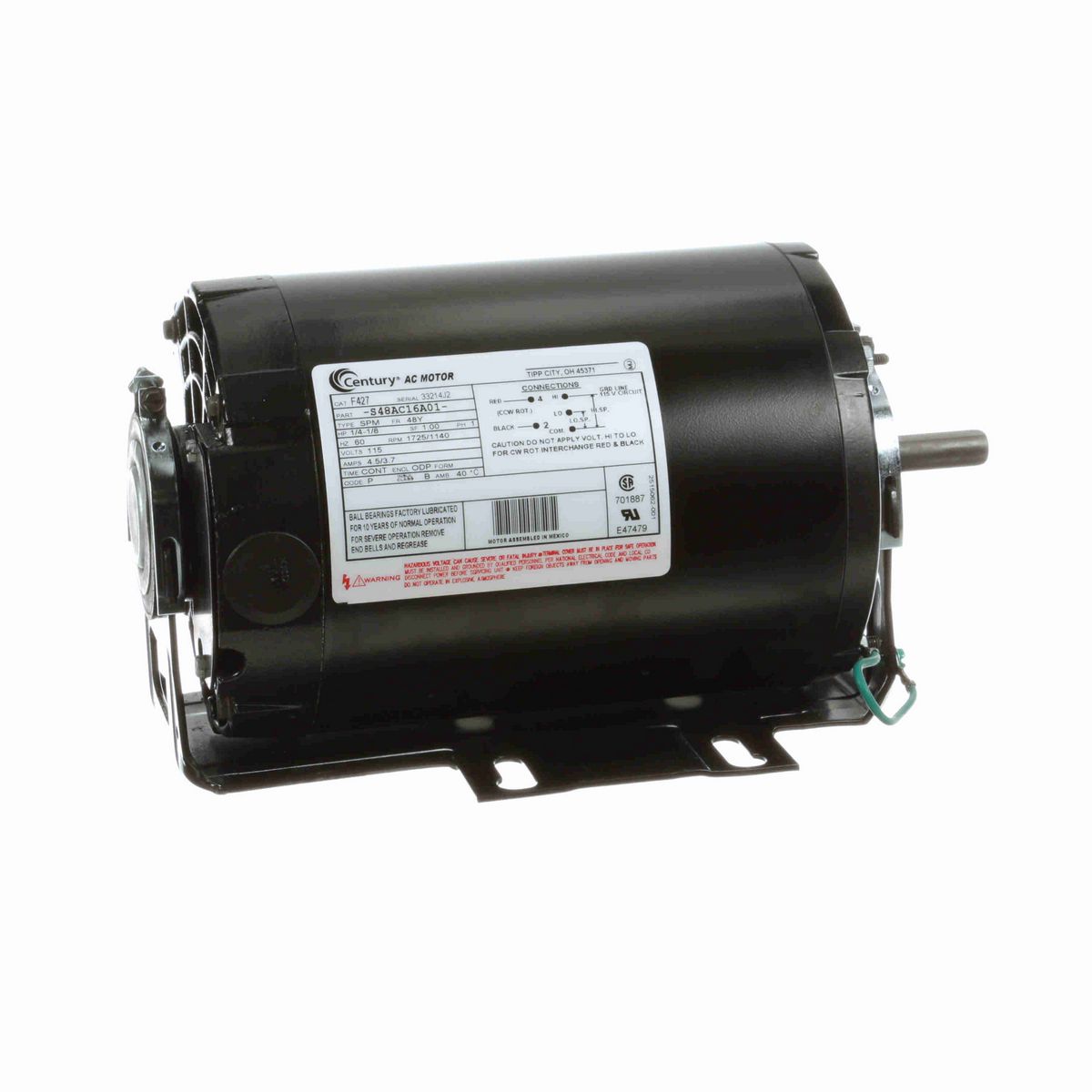 Century General Purpose Motor, 1/4-1/8 HP, 1 Ph, 60 Hz, 115 V, 1800 RPM, 48Y Frame, ODP - F427