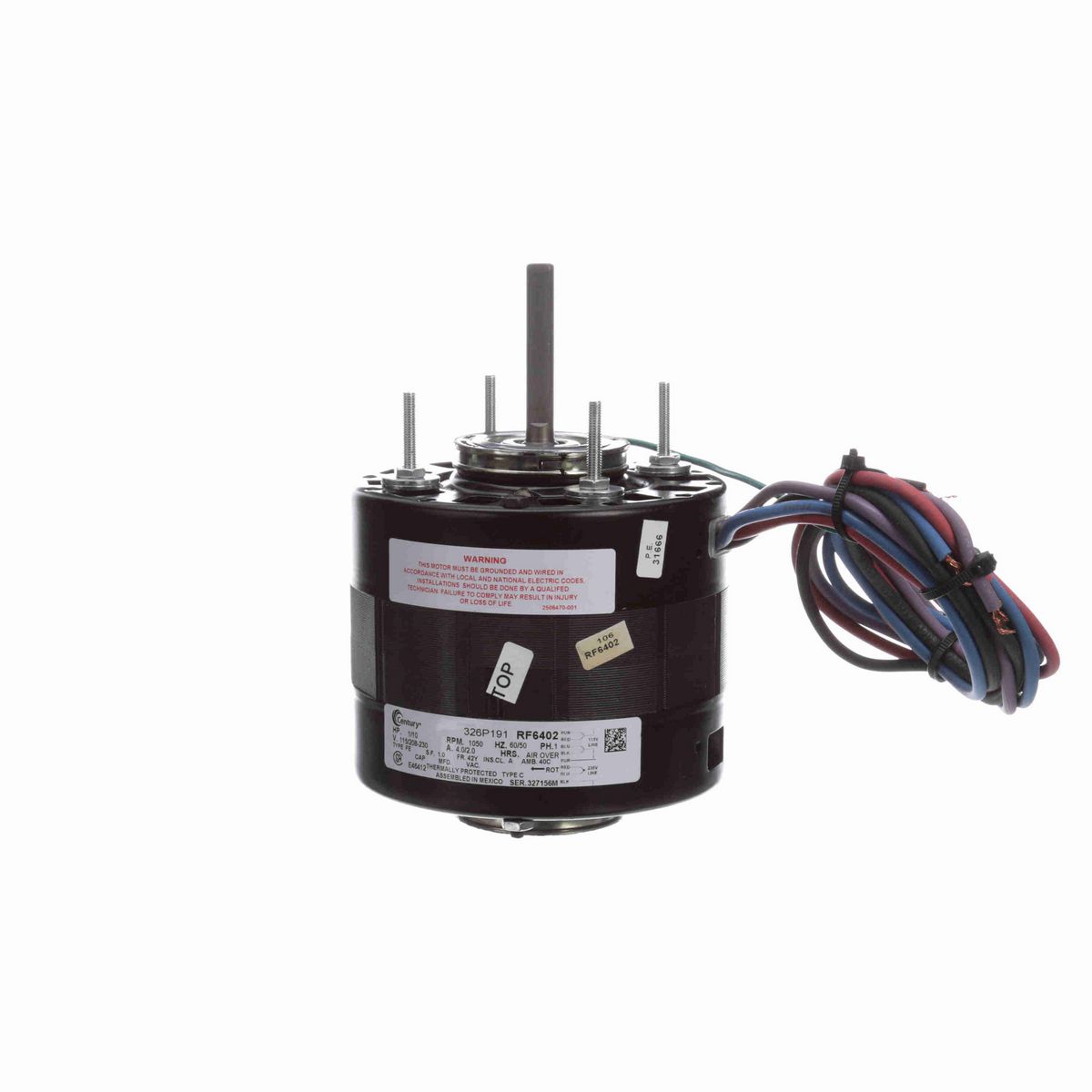 Century Refrigeration Motor, 1/10 HP, 1 Ph, 60 Hz, 115/208-230 V, 1050 RPM, 1 Speed, 42 Frame, OAO - RF6402