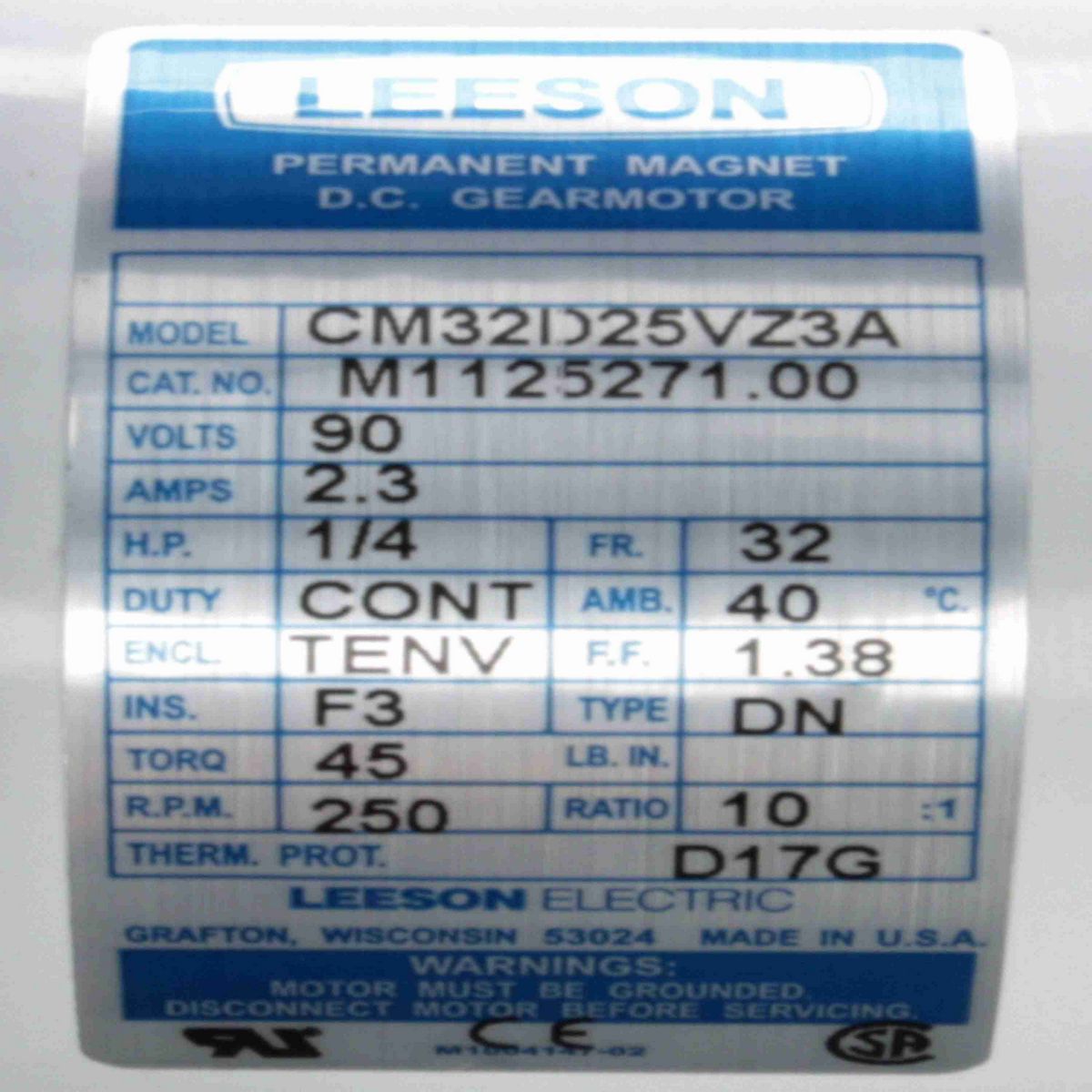 LEESON White Duck™ Parallel Shaft Gearmotor, 0.25 HP, 90 V, 250 RPM, 32 Frame, TENV - M1125271.00