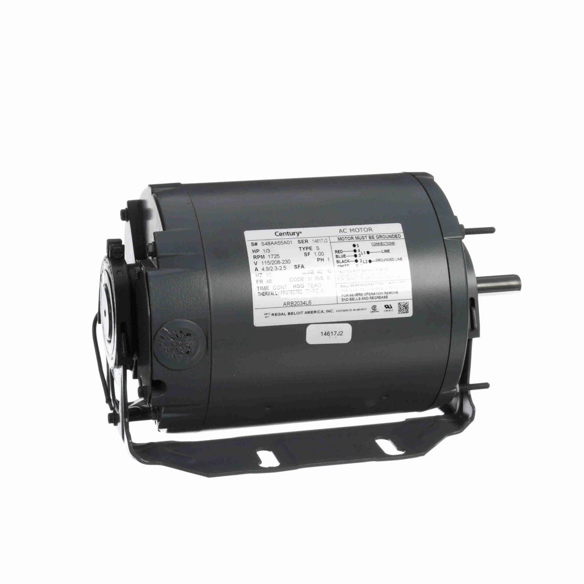 Century Fan and Blower Motor, 1/3 HP, 1 Ph, 60 Hz, 115/208-230 V, 1800 RPM, 48 Frame, TEAO - ARB2034L6