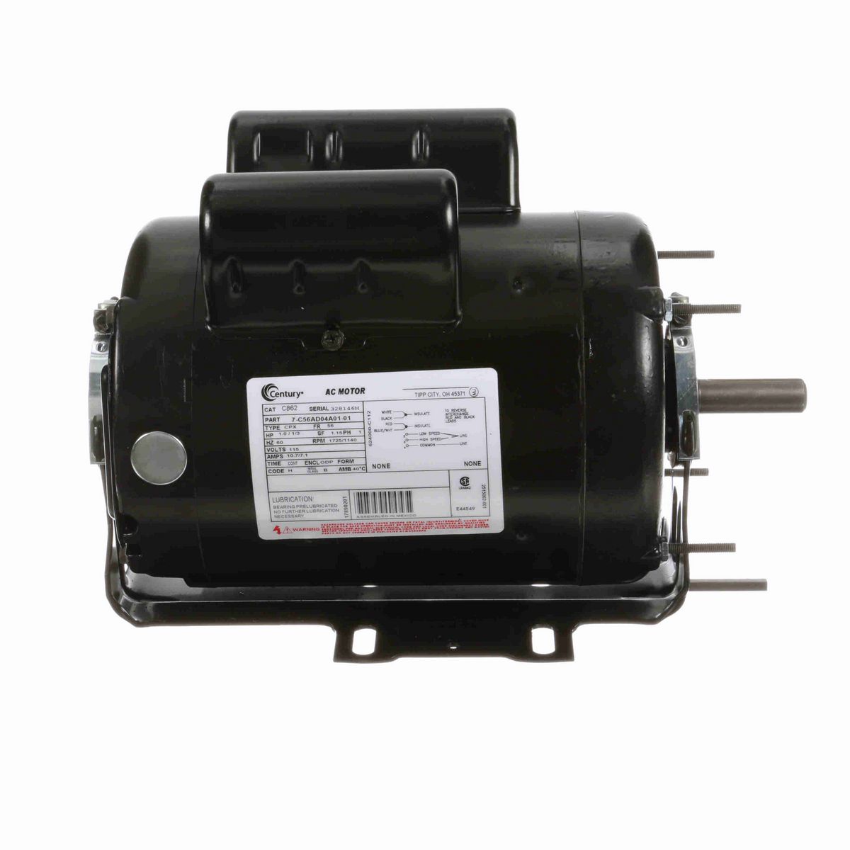 Century General Purpose Motor, 1.0 / 1/3 HP, 1 Ph, 60 Hz, 115 V, 1800 RPM, 56 Frame, ODP - C862