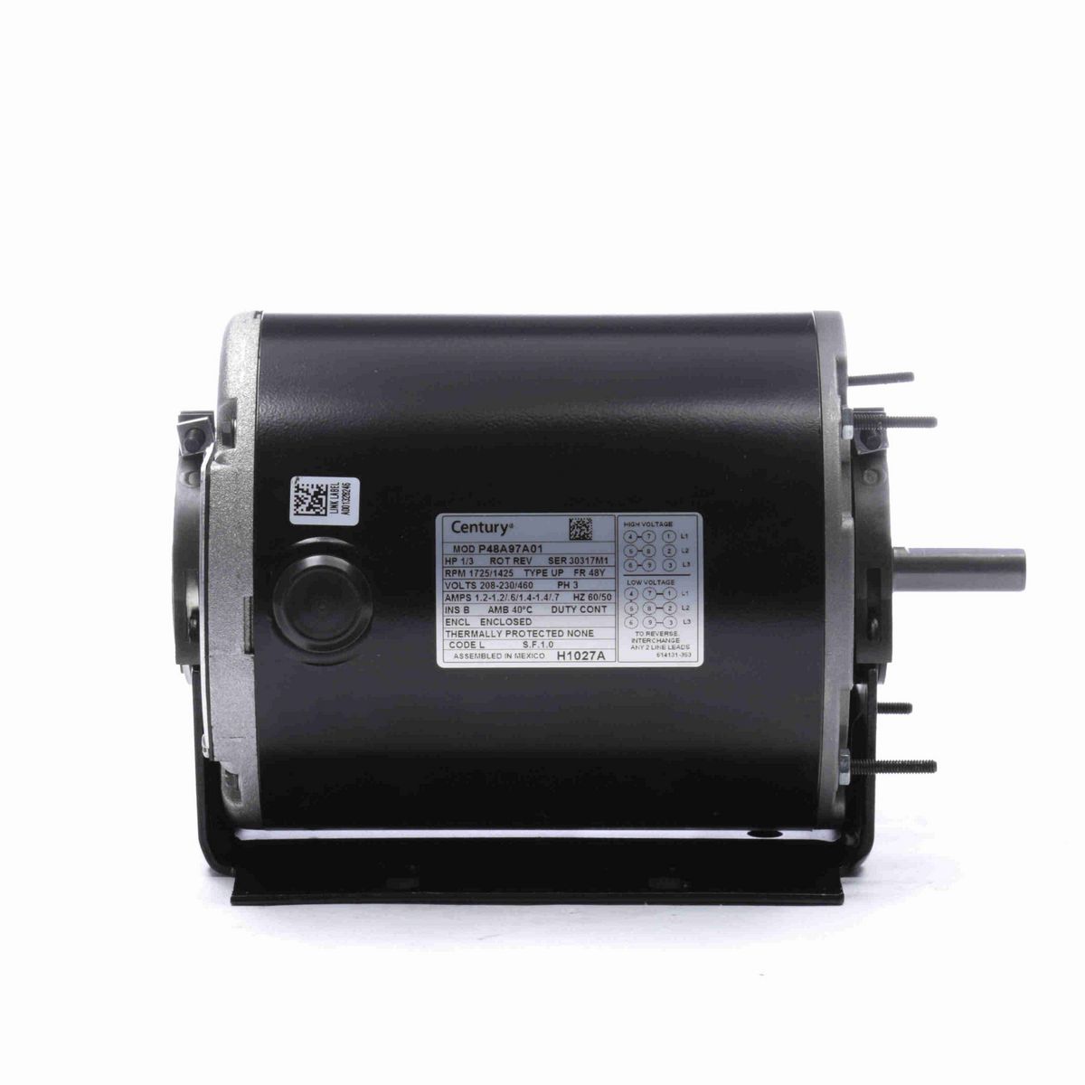 Century General Purpose Motor, 1/3 HP, 3 Ph, 60 Hz, 208-230/460 V, 1800 RPM, 48Y Frame, TEAO - H1027A