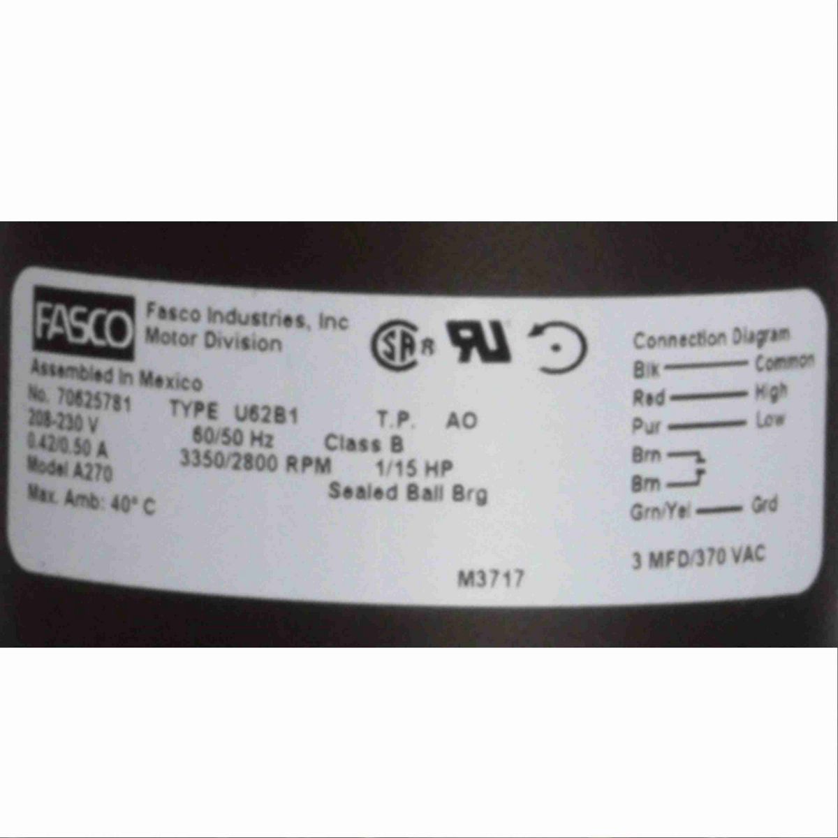 FASCO Rectangular Outlet Permanent Split Capacitor OEM Replacement Draft Inducer Blower, 208-230 Volts, Flange: No - A270