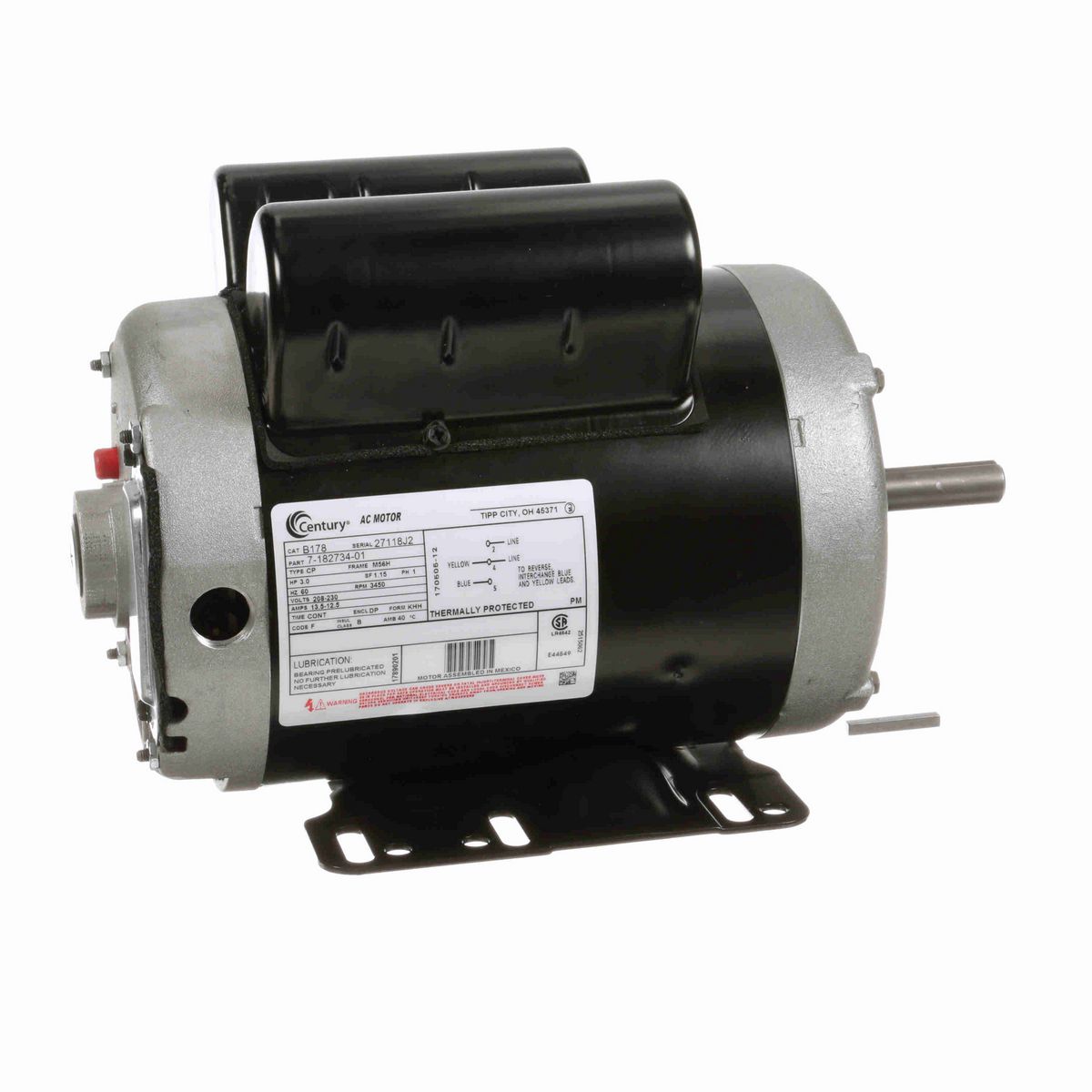 Century General Purpose Motor, 3.0 HP, 1 Ph, 60 Hz, 208-230 V, 3600 RPM, M56H Frame, DP - B178