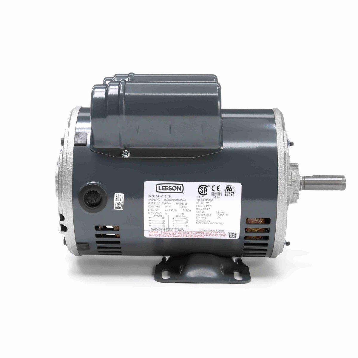 LEESON General Purpose Motor, 0.75 HP, 1 Ph, 60 Hz, 115/208-230 V, 1800 RPM, 56 Frame, DP - C176A