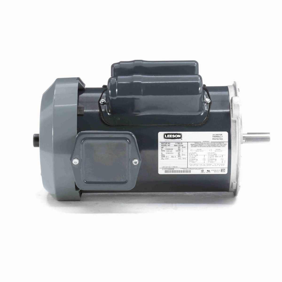 LEESON Auger Drive Motor, 1 HP, 1 Ph, 60 Hz, 115/208-230 V, 1800 RPM, 56YZ Frame, TEFC - 117883.00