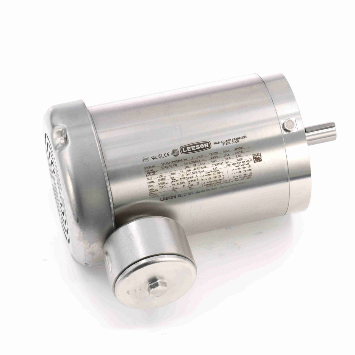 LEESON Premium Duck™ General Purpose Motor, 1.50 & 1 HP, 3 Ph, 60 & 50 Hz, 230/460 & 190/380 V, 1800 & 1500 RPM, 145TC Frame, TEFC - 122203.00