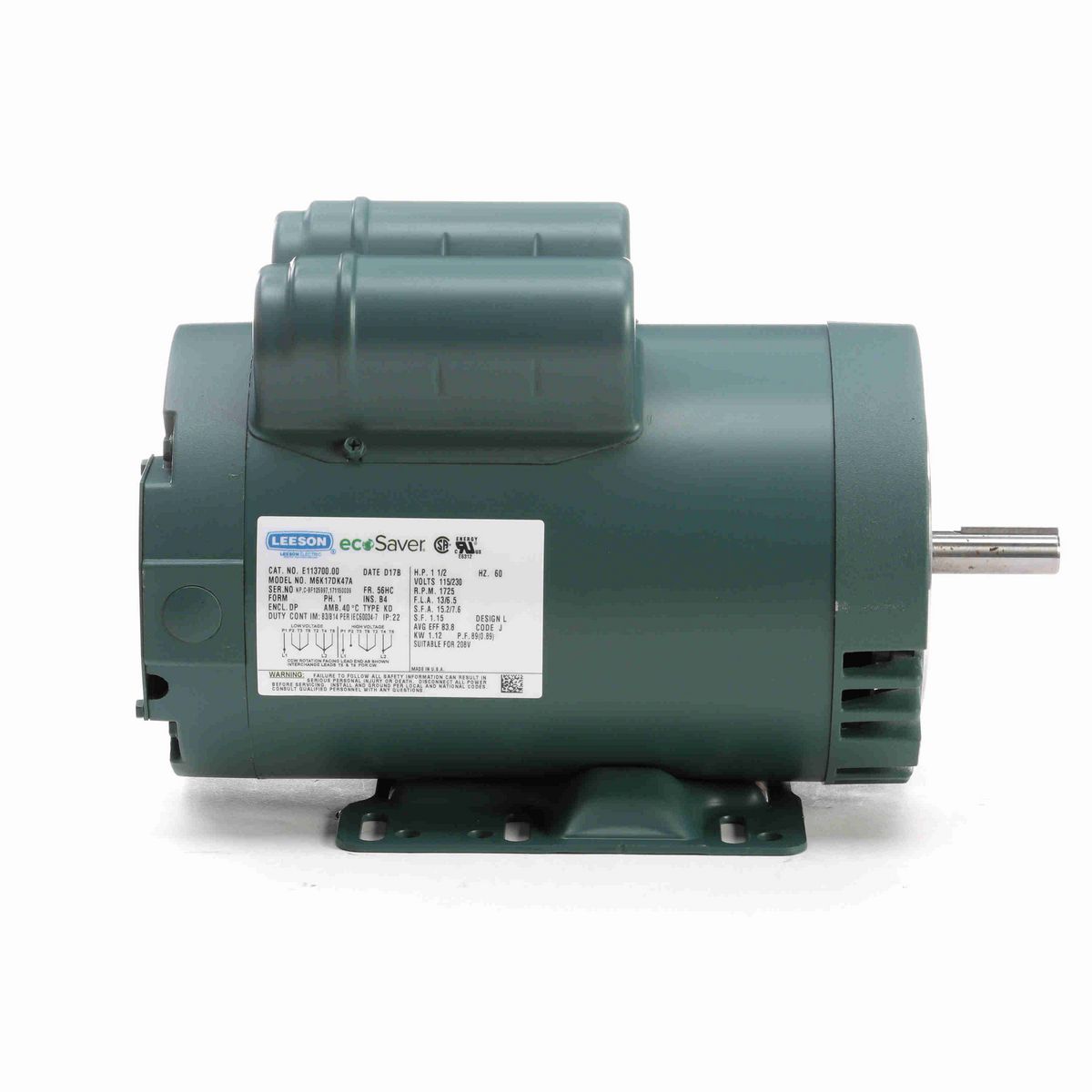 LEESON ecoSaver™ General Purpose Motor, 1.50 HP, 1 Ph, 60 Hz, 115/230 V, 1800 RPM, 56HC Frame, DP - E113700.00