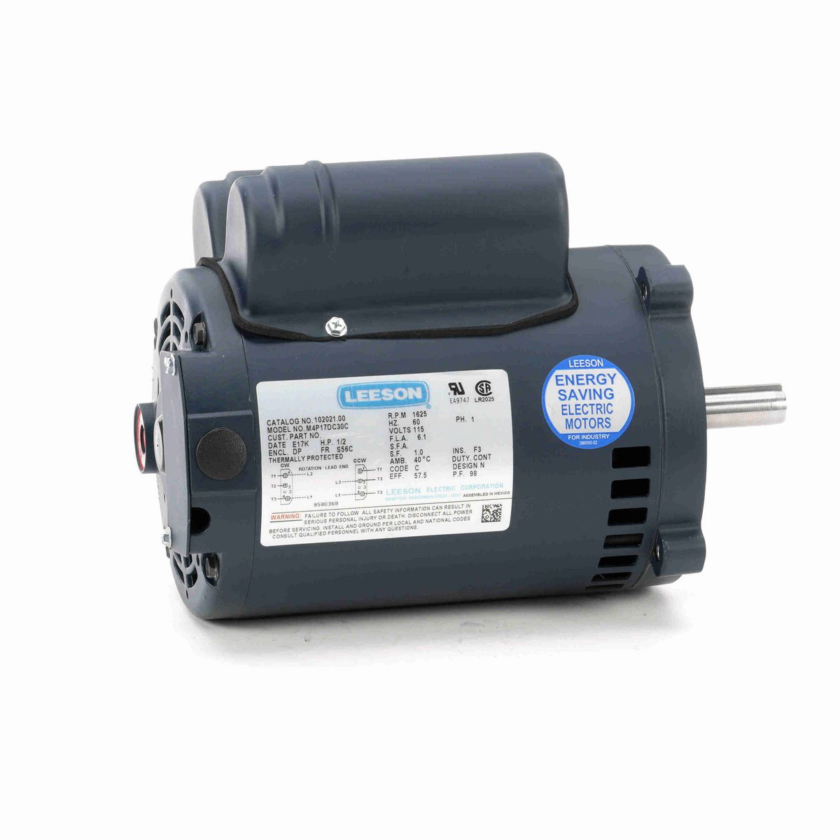 LEESON Instant Reversing Motor, 0.50 HP, 1 Ph, 60 Hz, 115 V, 1800 RPM, S56C Frame, DP - 102021.00
