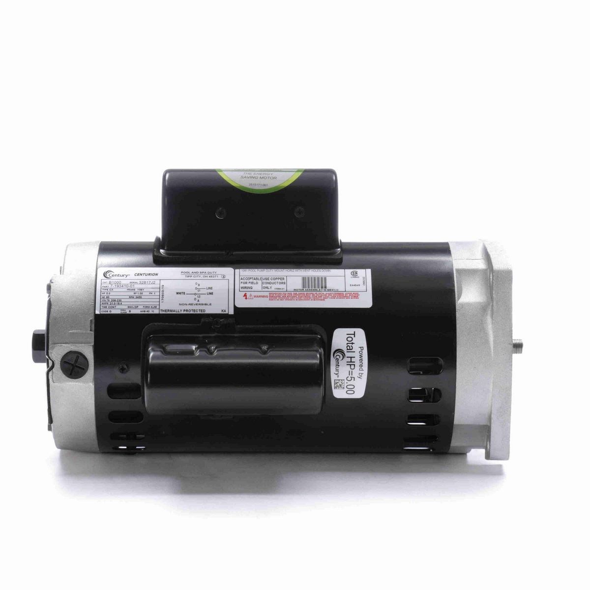 Century Pool Pump Motor, 5.0 HP, 1 Ph, 60 Hz, 208-230 V, 3600 RPM, Y56Y Frame, DP - B1000