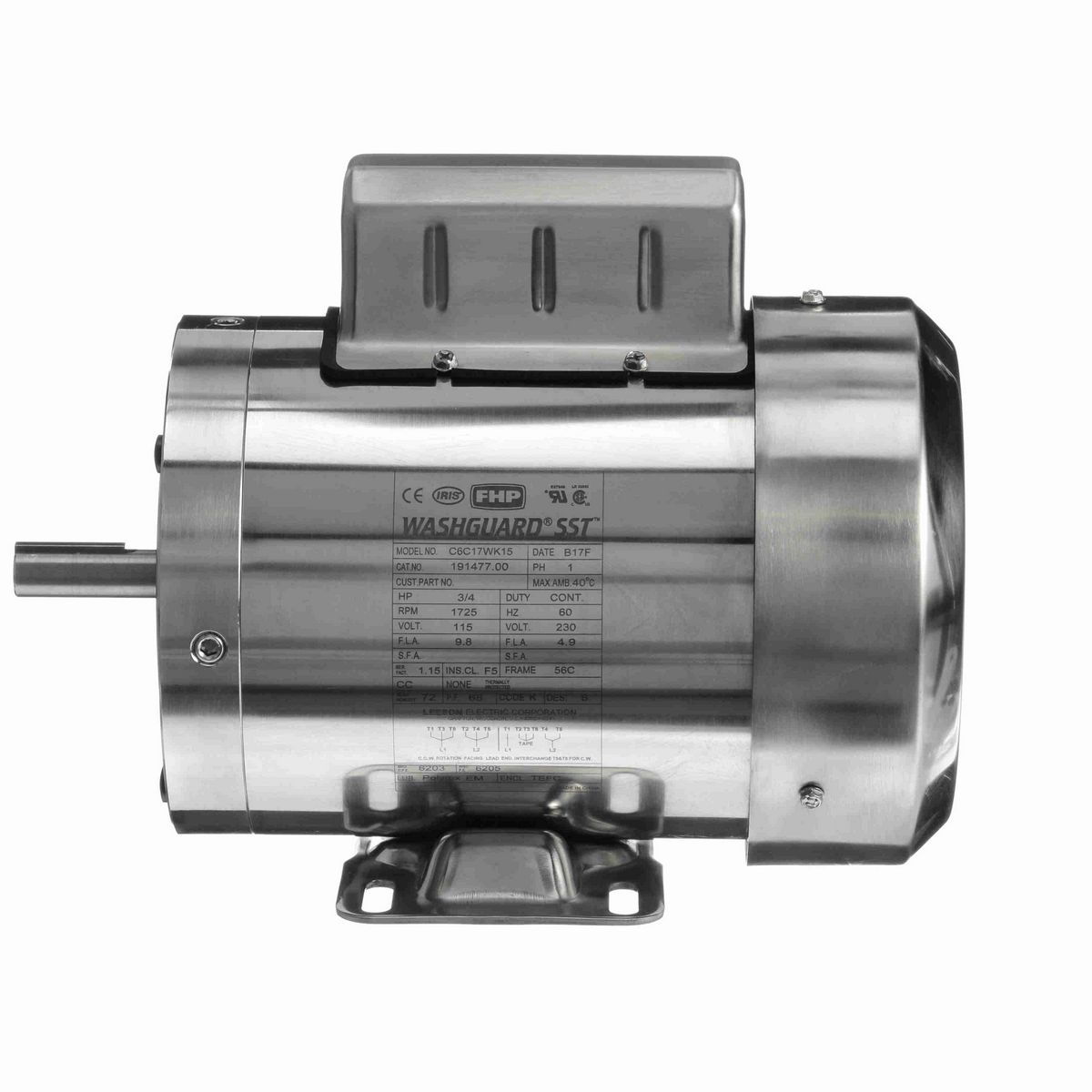 LEESON SST Duck™ General Purpose Motor, 0.75 HP, 1 Ph, 60 Hz, 115/230 V, 1800 RPM, 56C Frame, TEFC - 191477.00