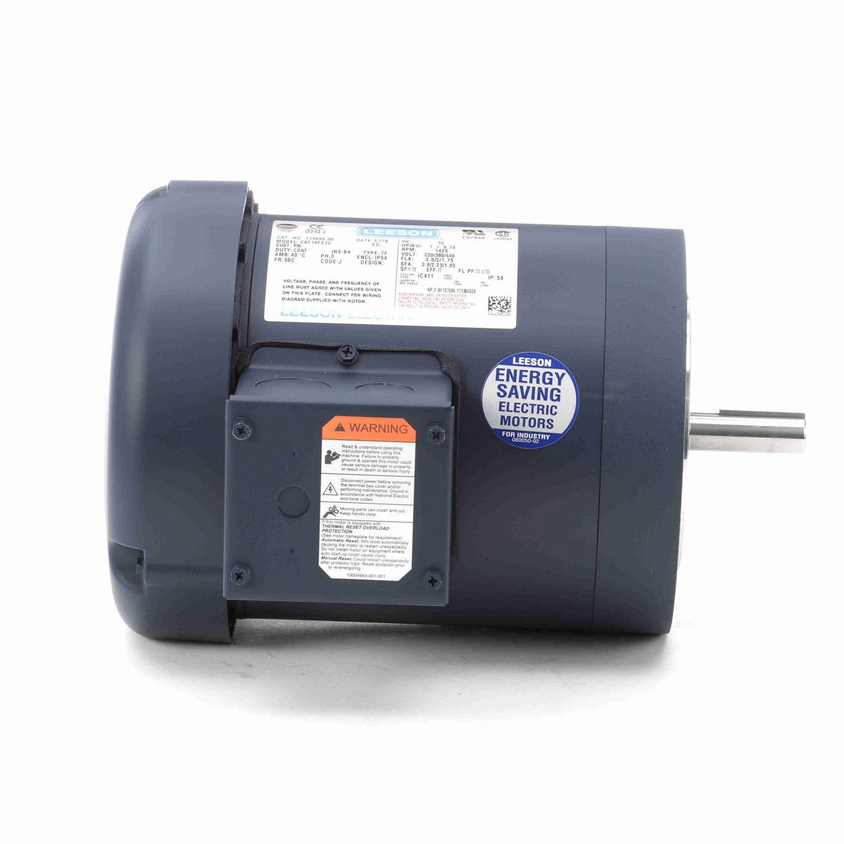 LEESON Special Voltage Motor, 1 HP, 3 Ph, 50 Hz, 220/380/440 V, 1500 RPM, 56C Frame, TEFC - 114896.00