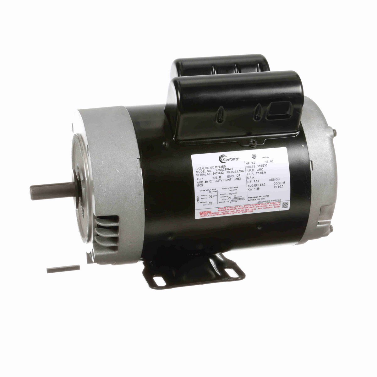 Century General Purpose Motor, 2.0 HP, 1 Ph, 60 Hz, 115/230 V, 3600 RPM, L56C Frame, DP - B764ES