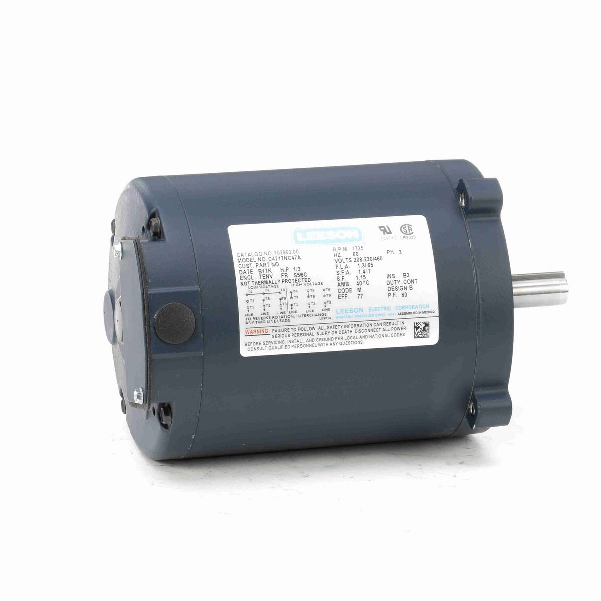 LEESON General Purpose Motor, 0.33 HP, 3 Ph, 60 Hz, 230/460 V, 1800 RPM, S56C Frame, TENV - 102863.00