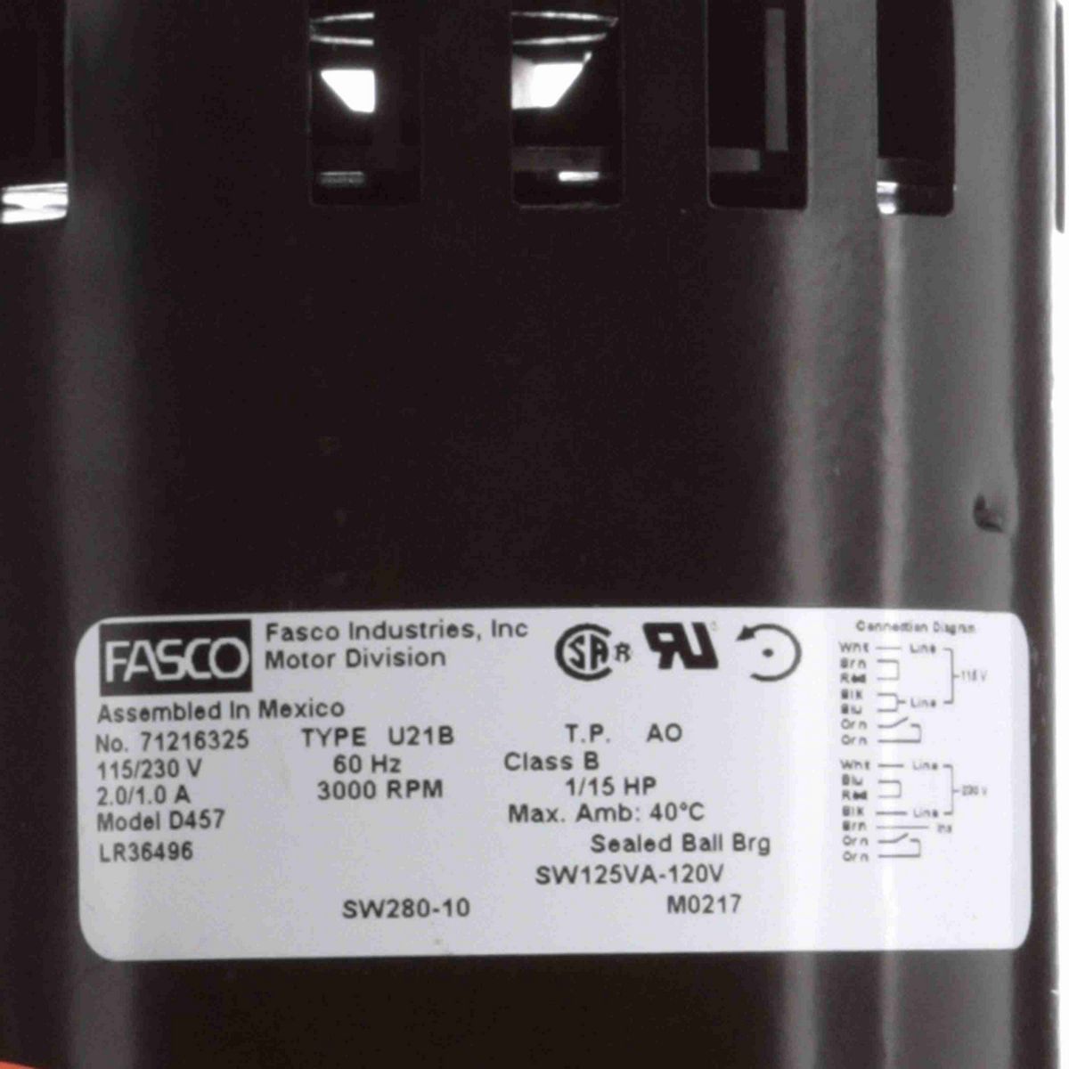 FASCO OEM Replacement Motor, 1/15 HP, 1 Ph, 60 Hz, 115/230 V, 3000 RPM, 1 Speed, 3.3" Diameter, OAO - D457