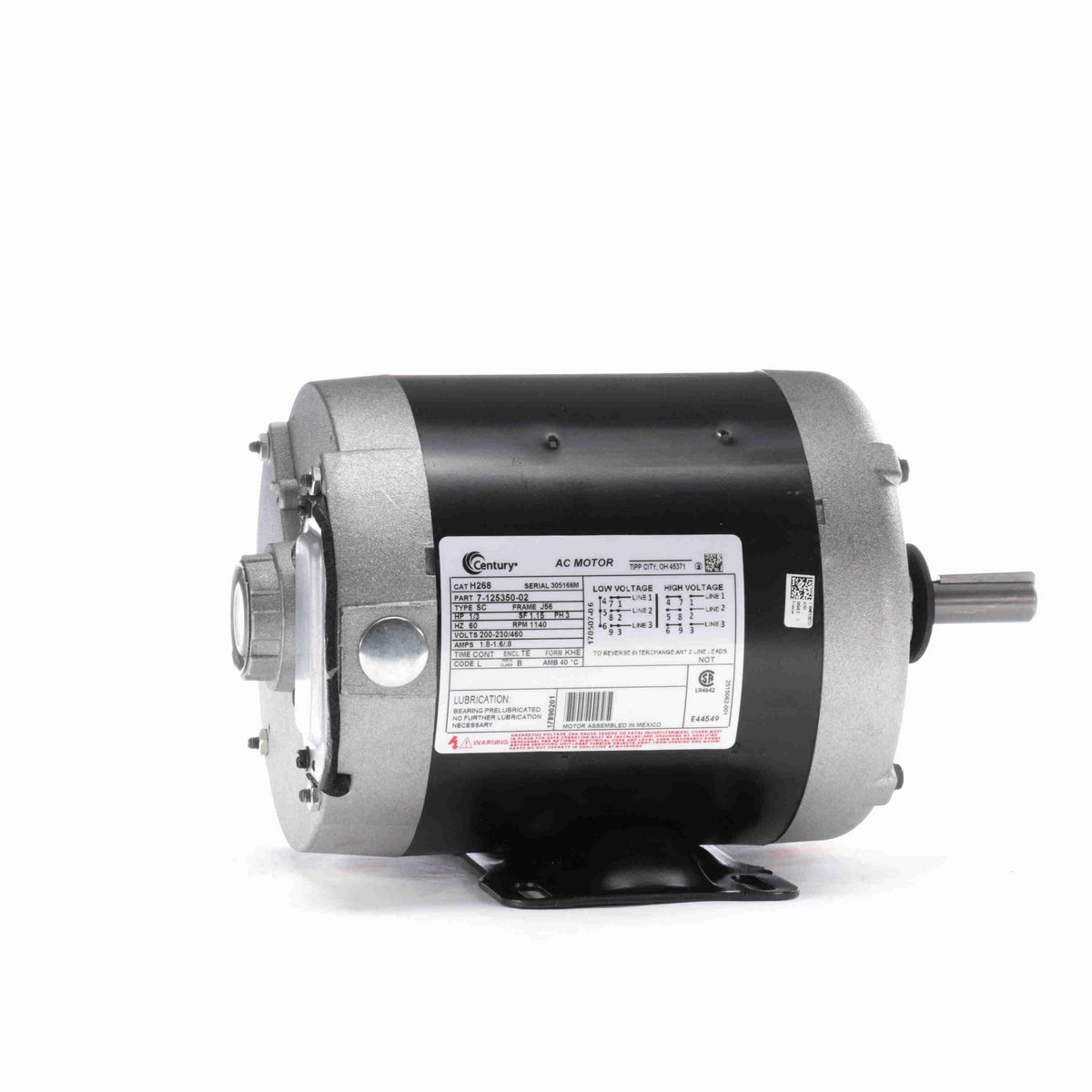 Century General Purpose Motor, 1/3 HP, 3 Ph, 60 Hz, 200-230/460 V, 1200 RPM, J56 Frame, TENV - H268