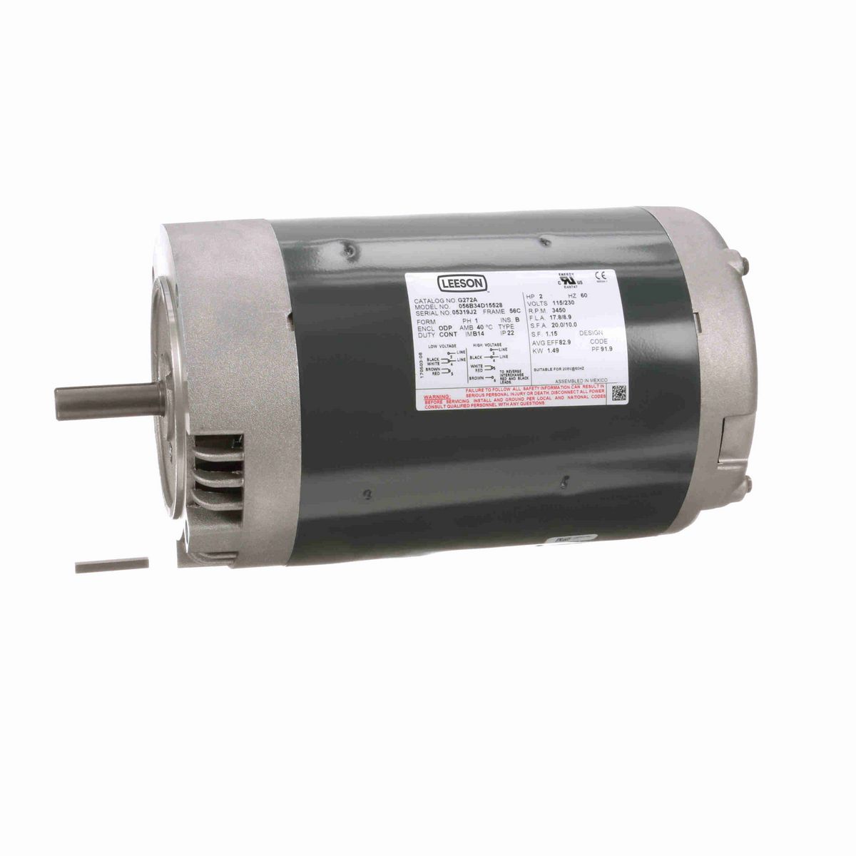 LEESON General Purpose Motor, 2 HP, 1 Ph, 60 Hz, 115/230 V, 3600 RPM, 56C Frame, DP - G272A