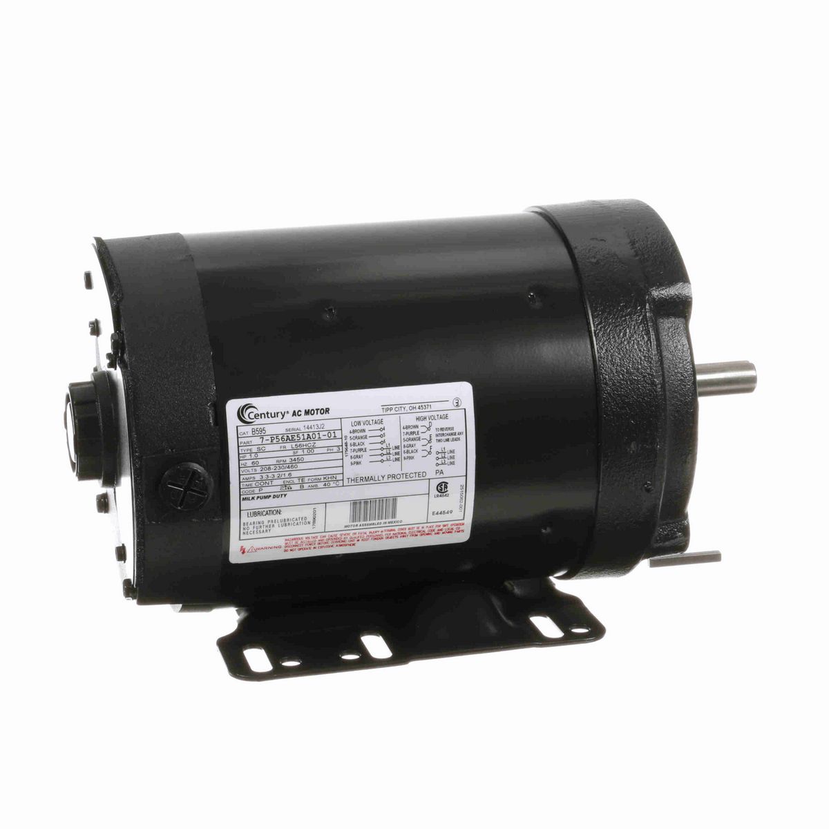 Century General Purpose Farm Duty Motor, 1.0 HP, 3 Ph, 60 Hz, 208-230/460 V, 3600 RPM, L56HCZ Frame, TENV - B595