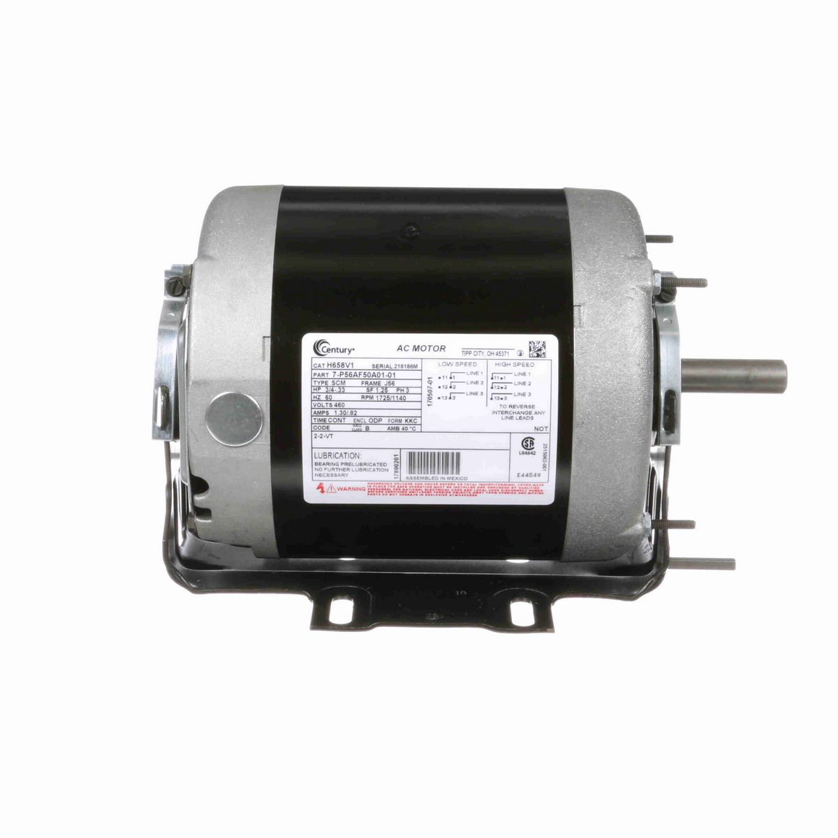 Century Fan and Blower Motor, 3/4-.33 HP, 3 Ph, 60 Hz, 460 V, 1800 RPM, J56 Frame, ODP - H658V1