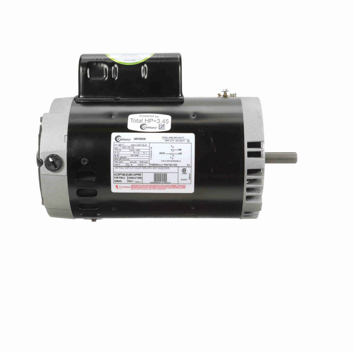 Century Pool Pump Motor, 3.0 HP, 1 Ph, 60 Hz, 208-230 V, 3600 RPM, Y56C Frame, DP - B817