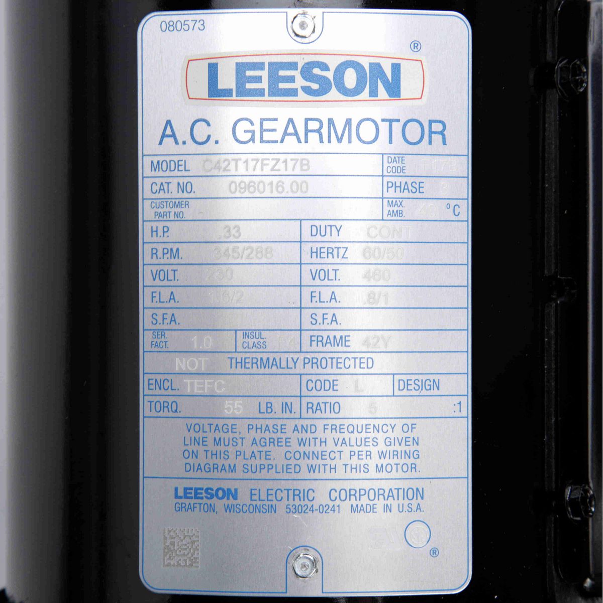 LEESON Parallel Shaft Gearmotor, 0.33 HP, 3 Ph, 60 Hz, 230 V, 345 RPM, 42Y Frame, TEFC - 096016.00