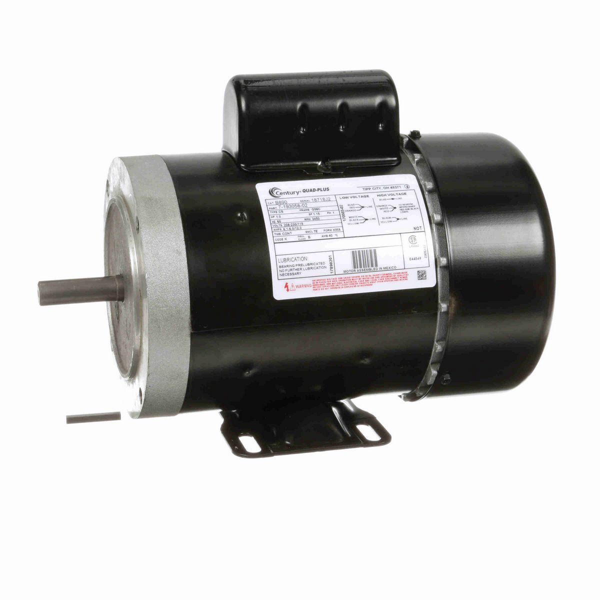 Century General Purpose Motor, 1.0 HP, 1 Ph, 60 Hz, 208-230/115 V, 3600 RPM, G56C Frame, TEFC - B890