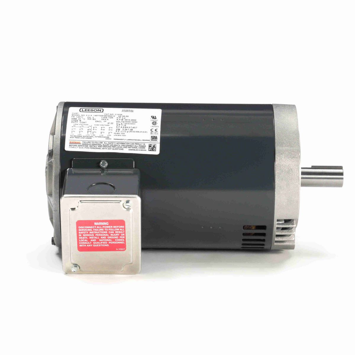 LEESON General Purpose Motor, 3 & 2 HP, 3 Ph, 60 & 50 Hz, 230/460 & 190/380 V, 3600 & 3000 RPM, 145TC Frame, DP - C103A