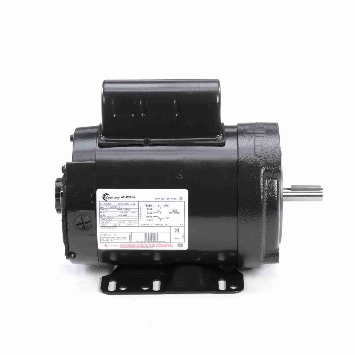 Century General Purpose Farm Duty Motor, 1.0 HP, 1 Ph, 60 Hz, 208-230 V, 3600 RPM, L56HCZ Frame, TENV - B583